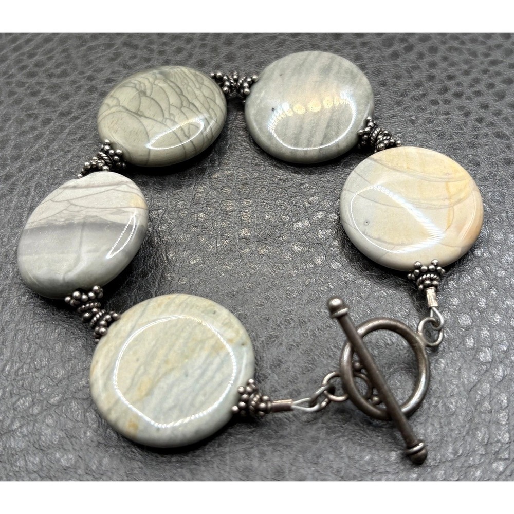 Vintage Boho Polished Stone Bead Bracelet Sterling Silver 925 Toggle Clasp